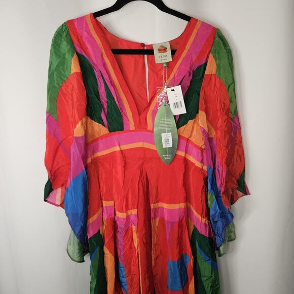 NWT Farm Rio Dress Rainbow Toucan Maxi Multicolor XL Pleated Printed Satin Maxi - Picture 5 of 13